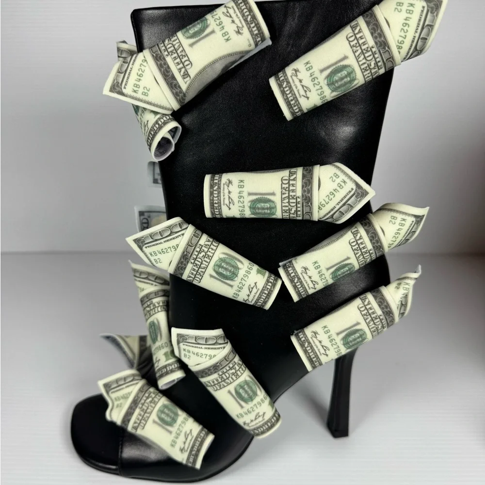 Azalea Wang Dinero Black Money Heels Multi Sizes Dollar Bill Statement Boot NWT - Picture 4 of 8